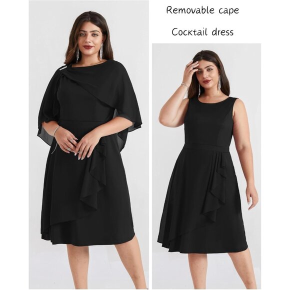 Plus Size Women's Chiffon Cape Cocktail Dress A-Line Ruffles for Formal Events - Picture 2 of 5
